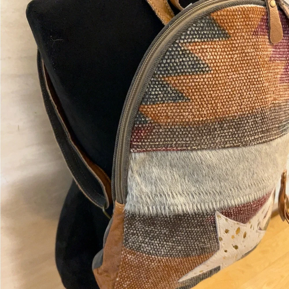 NWT- Myra Bag Hair-On Cowhide 100% Leather BoHo Star Canvas Backpack